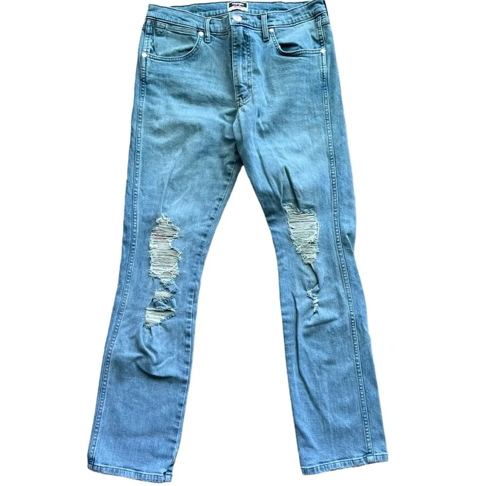 Wrangler Sky Blue Distressed Straight Jeans - Picture 3 of 13